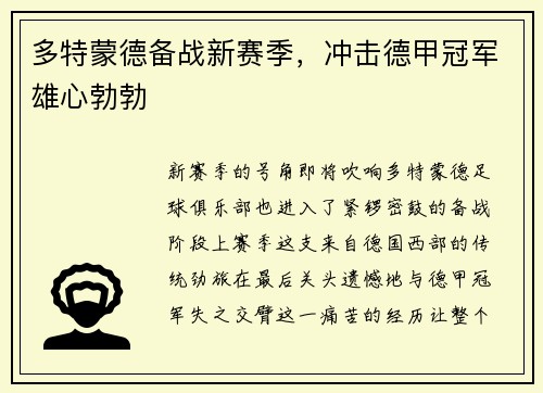 多特蒙德备战新赛季，冲击德甲冠军雄心勃勃