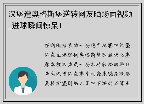 汉堡遭奥格斯堡逆转网友晒场面视频_进球瞬间惊呆！